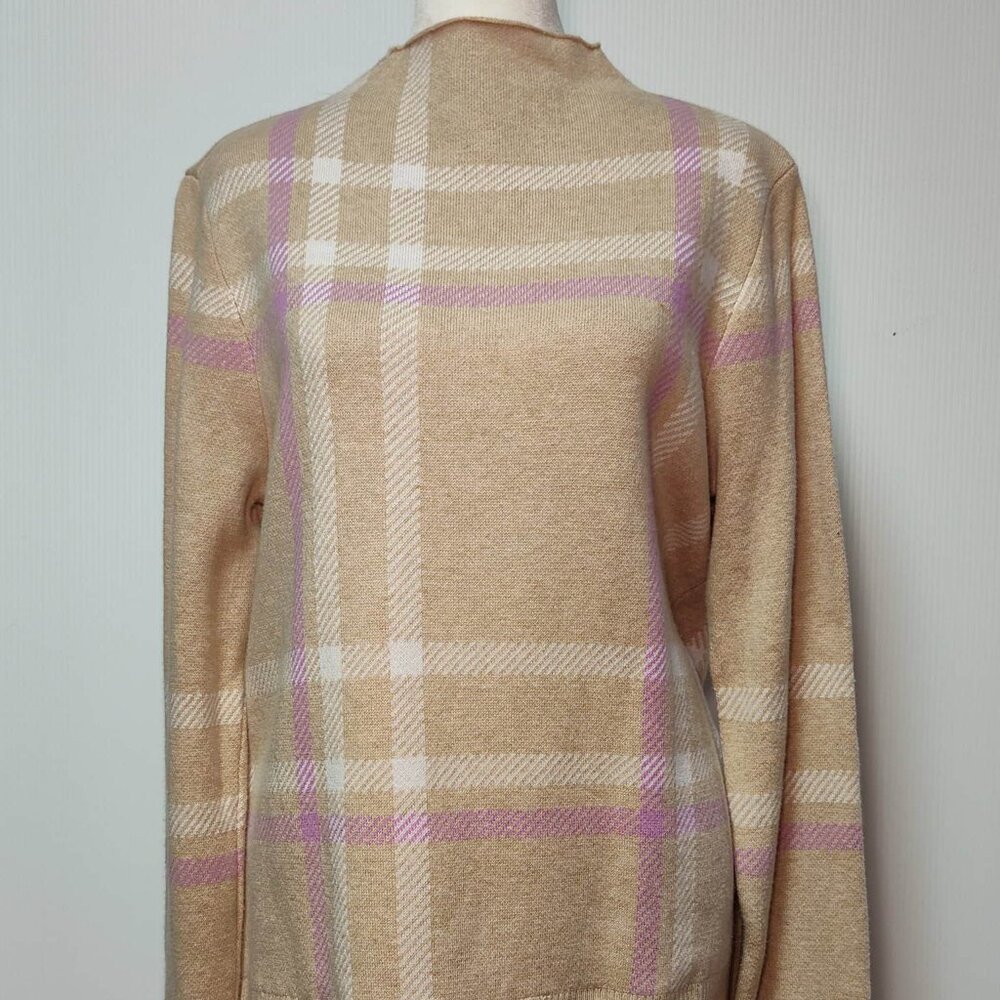 Isaac Mizrahi Layered-look tan and lavender funnel neck plaid top Size M